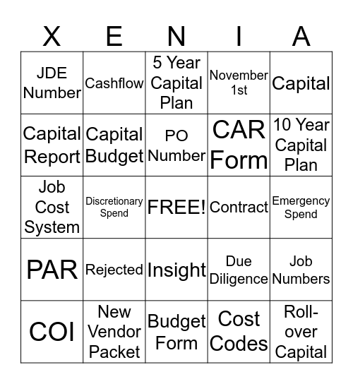 Xenia Bingo Card