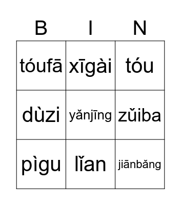 Body Parts Pinyin Bingo Card