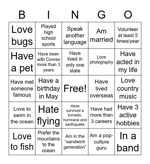 Conrex - Get to Know You Bingo Card