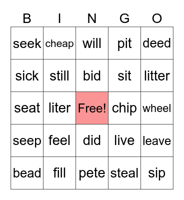 Minimal Pair Bingo /i:/ and /ɪ/ Bingo Card