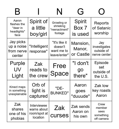 Ghost Adventures Bingo Card
