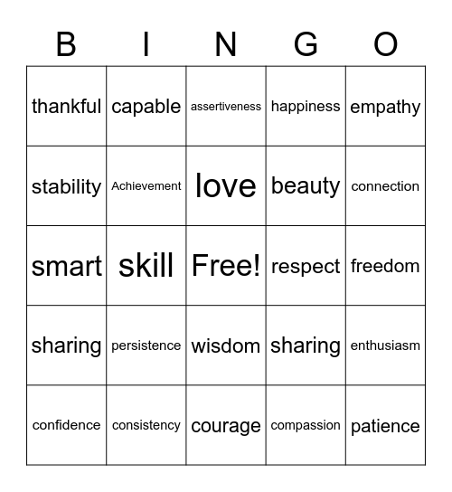 Personal Value Bingo Card
