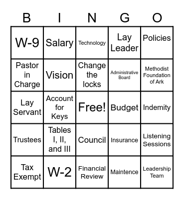 Church Administration Bingo Card