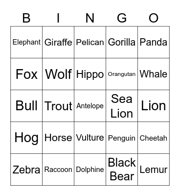 Animal Bingo Card