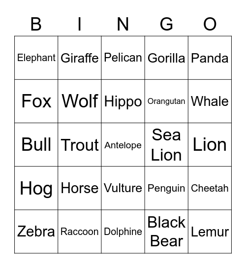 Animal Bingo Card