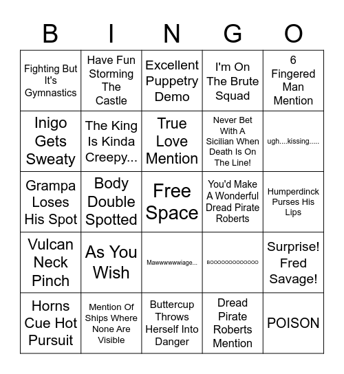 Princess Bride Bingo Card