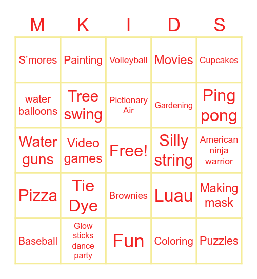 Mkids Bingo Card