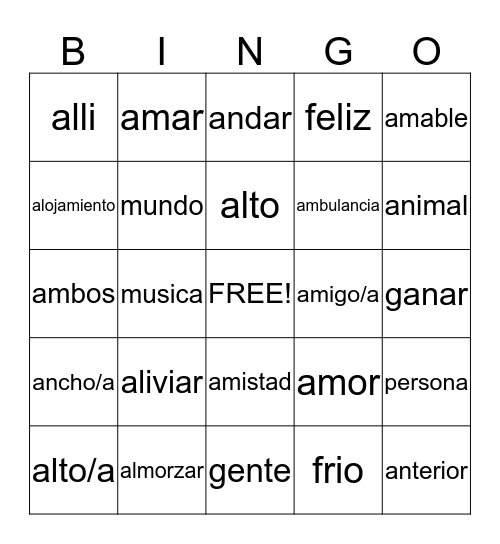 la letras a Bingo Card