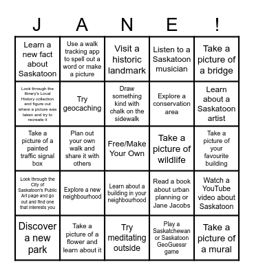 Jane's Walk Bingo Card