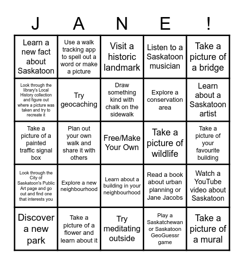 Jane's Walk Bingo Card