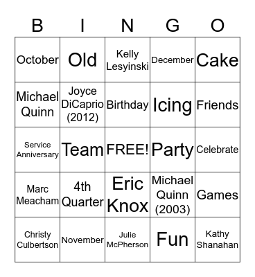 Quarterly Celebrations Bingo Card