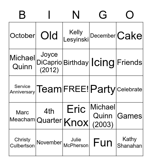 Quarterly Celebrations Bingo Card