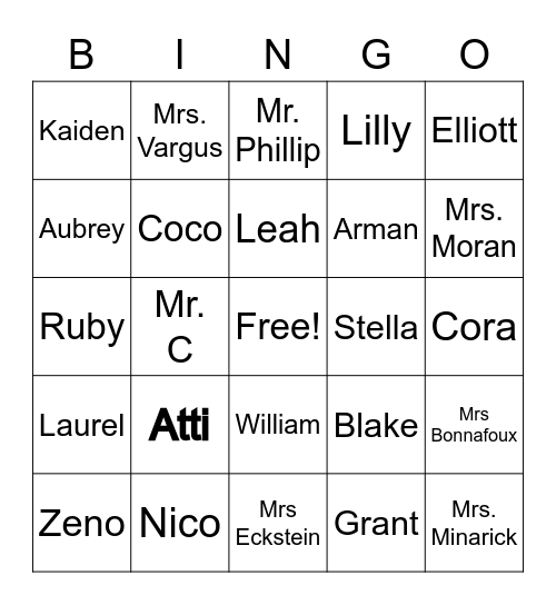 Kindergarten Name Bingo Card