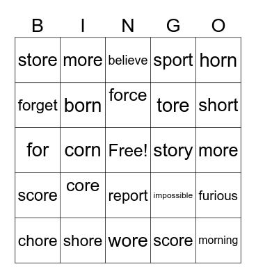 or and ore Spelling Words Bingo Card