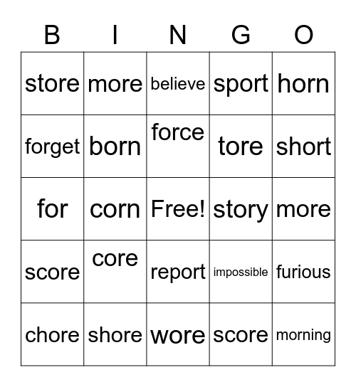 or and ore Spelling Words Bingo Card