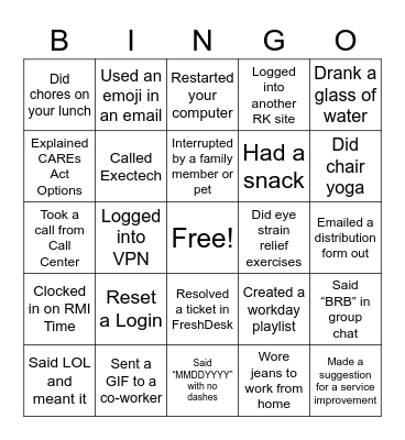 Remote Work Bingo Card