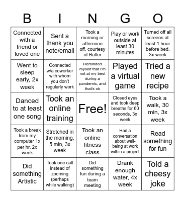 Butler Well-Being Bingo Card
