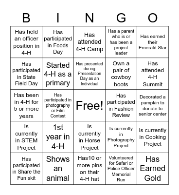 Westport 4-H Bingo Card