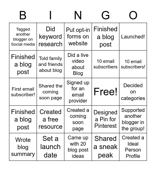 The Blog Launch Challenge Bingo Card