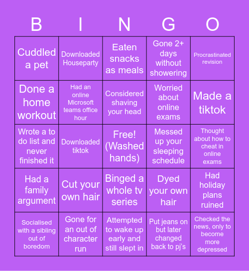 SELF ISOLATION BINGO Card