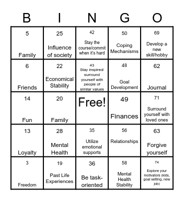 VALUES Bingo Card