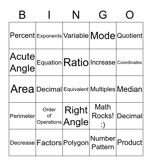 Math Vocabulary Bingo Card