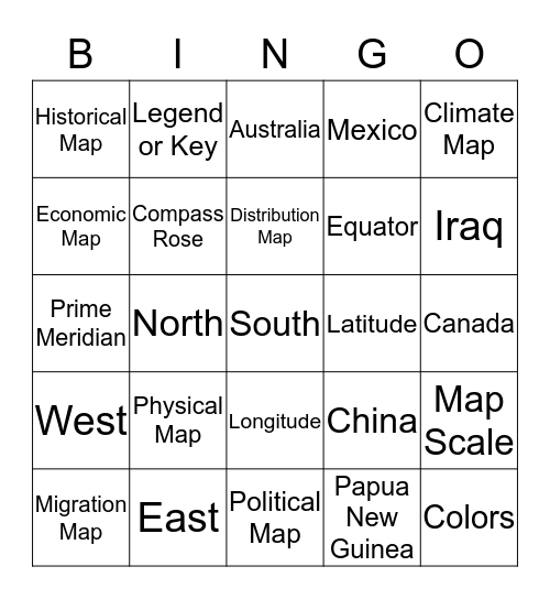 Map Skills Bingo Card