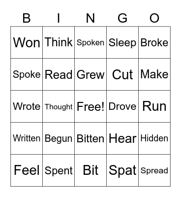 Irregular Verbs Bingo Card