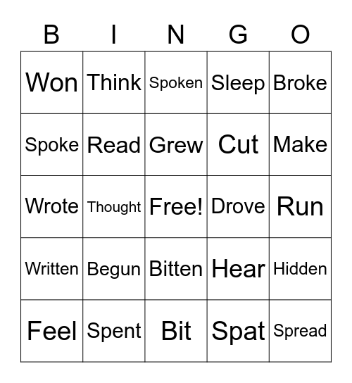 Irregular Verbs Bingo Card