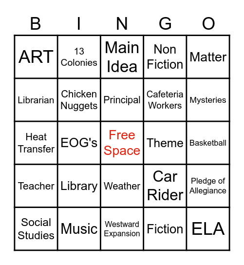 Robinson 5th Grade Bingo Card