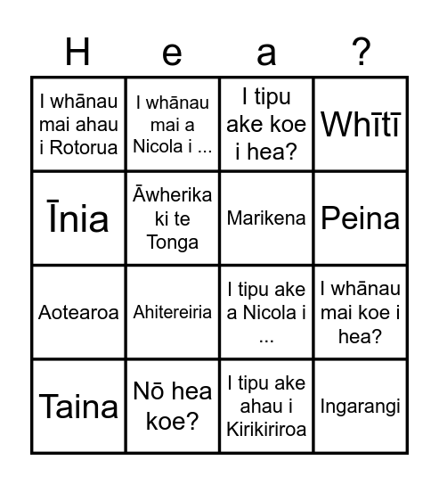 Nō hea koe? Bingo Card