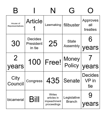 Legislative Branch Bingo Card