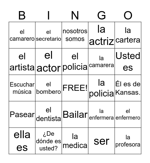 Vocabulario con "ser" Bingo Card