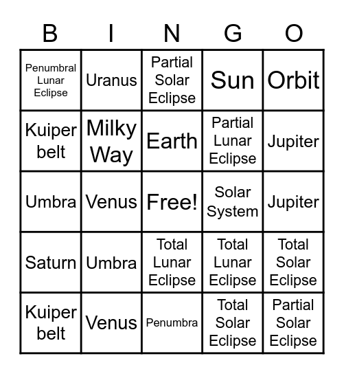 SPACE Bingo Card