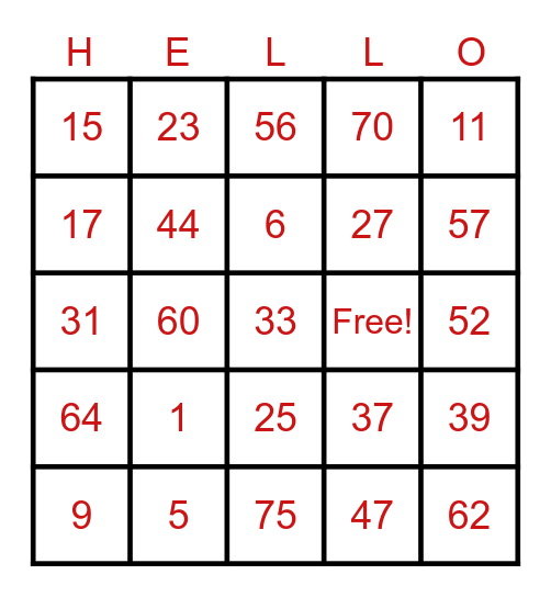 ZOOM ZOOM BINGO Card