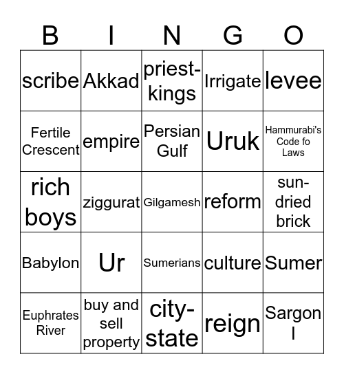 Mesopotamia Bingo Card