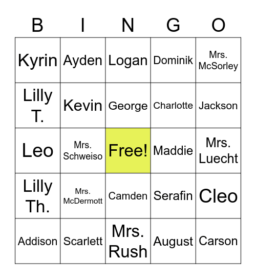 Kindergarten Bingo Card