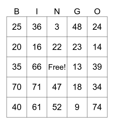 Bingo 1-75 1 Bingo Card