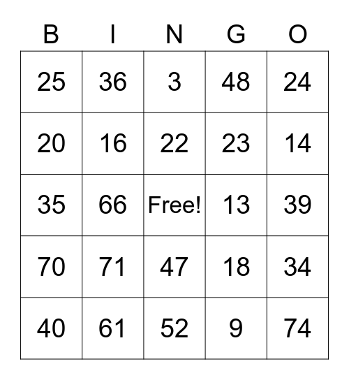 Bingo 1-75 1 Bingo Card