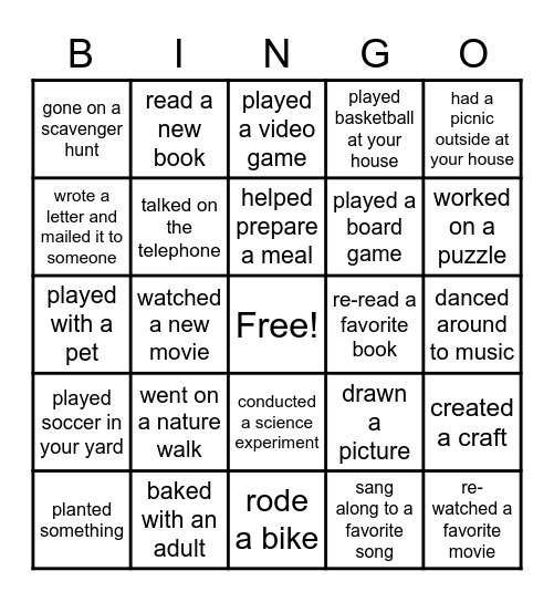 At-Home Activities BINGO Card