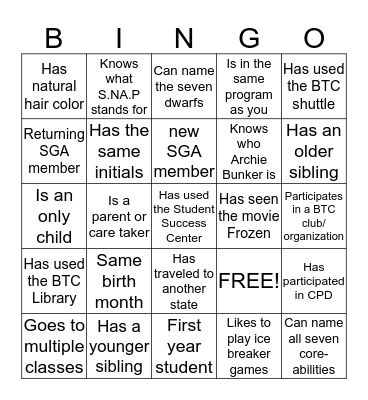 BTC Student Government Association Bingo Card