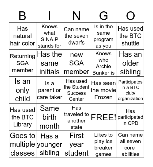 BTC Student Government Association Bingo Card