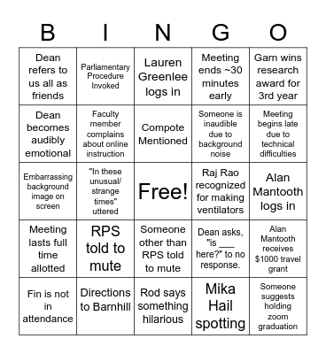 COE Faculty Meeting Bingo Card