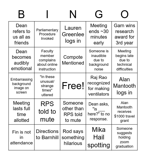 COE Faculty Meeting Bingo Card