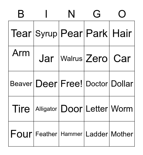 R Words Bingo Card