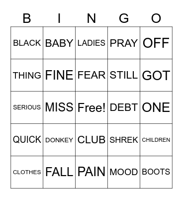 JO JO SHREK BINGO Card