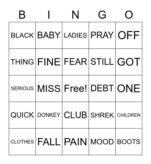 JO JO SHREK BINGO Card