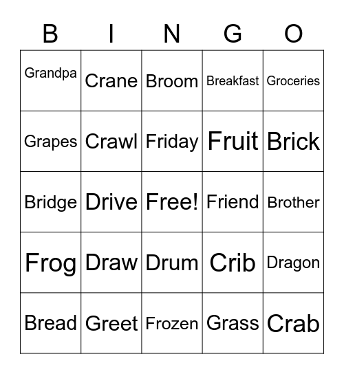 R Words Bingo Card