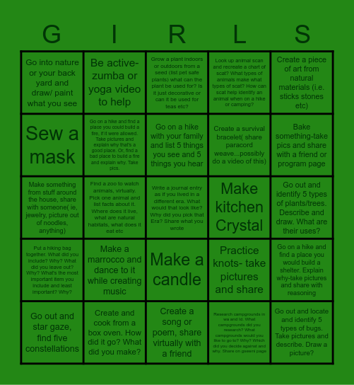 Girl Scout Activity Bingo Card