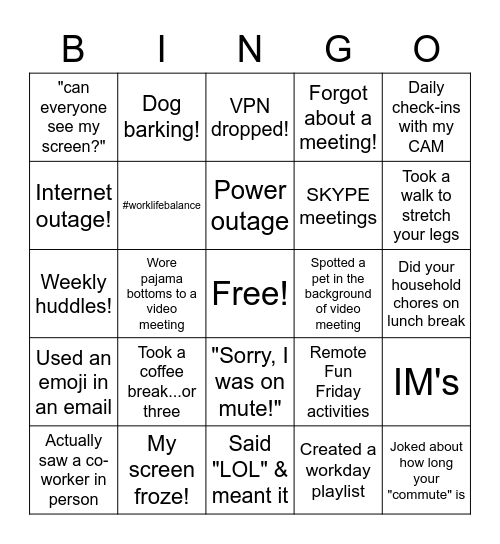 Remote Work Bingo! Bingo Card